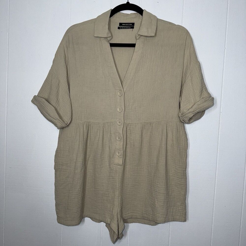Urban Outfitters Women’s Kendra Button Front Romper Beige Gauze Size Small